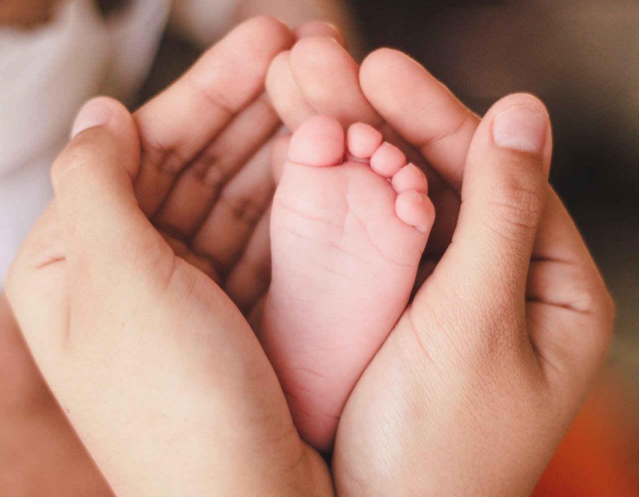 About Us-A tender moment capturing a newborn foot in warm adult hands, symbolizing love and care.
